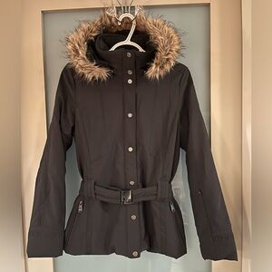 Black Hooded Faux-Fur Trim Ski Jacket with Belt
